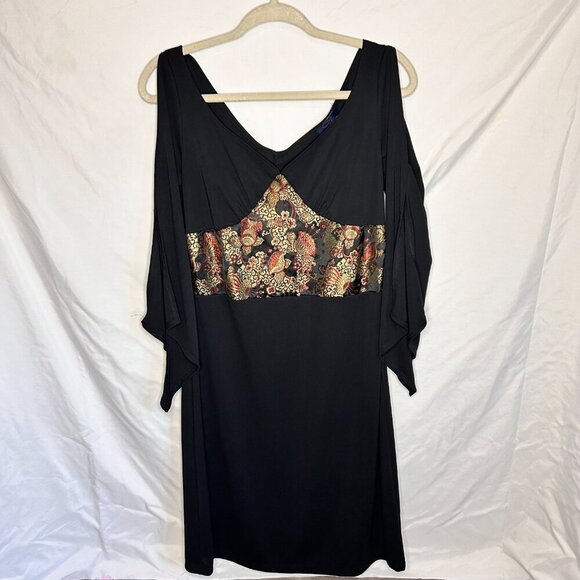 Vintage RAG Cold Shoulder Black Dress with Brocade Detail – M Made In USA 🇺🇸 - Picture 2 of 7